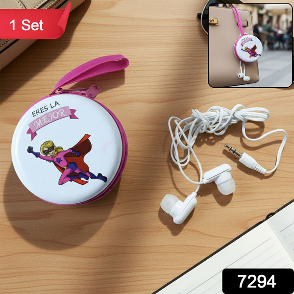 Portable Round Earphone Carry Case with Wired Earphones Set (1 Set)