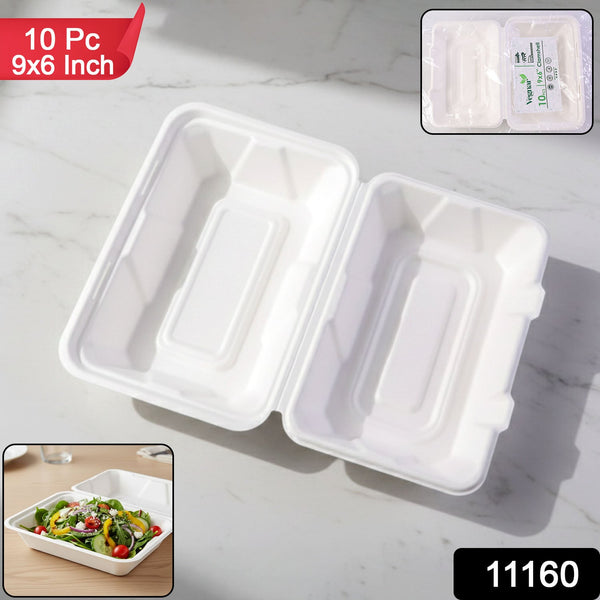 Vegnar Premium Bagasse Clamshell Food Box (10 Pc, 9x6 Inch)